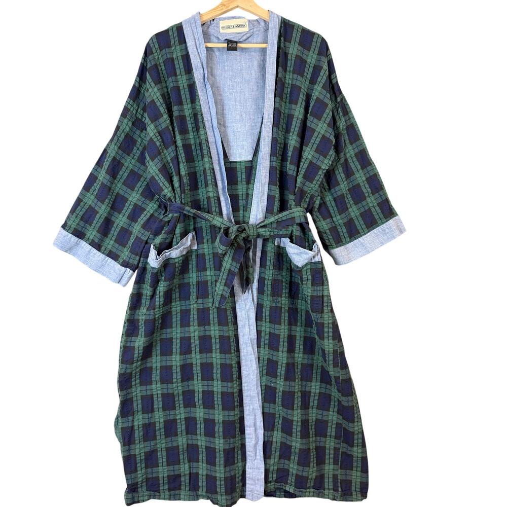 Prides Landing Seersucker Robe Blue Green Tartan Plaid Chambray Trim One Size